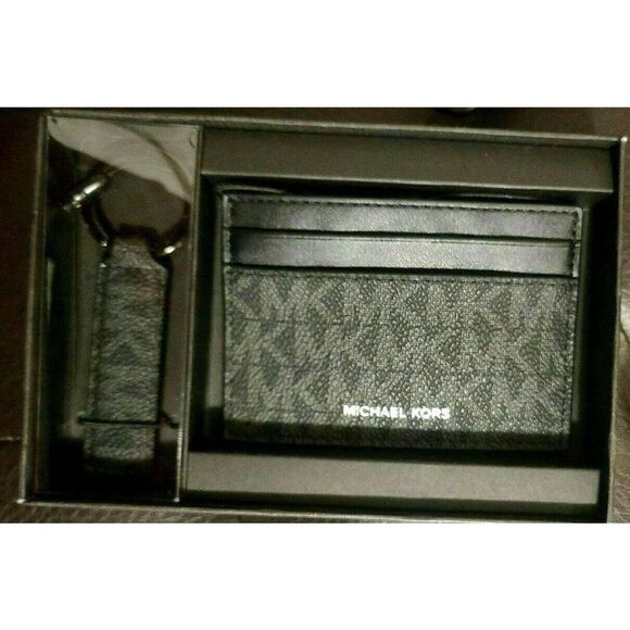 Michael Kors 86F1LGFD1B Men Front Pocket Wallet Black Logo Card Case Key Chain - Picture 1 of 6